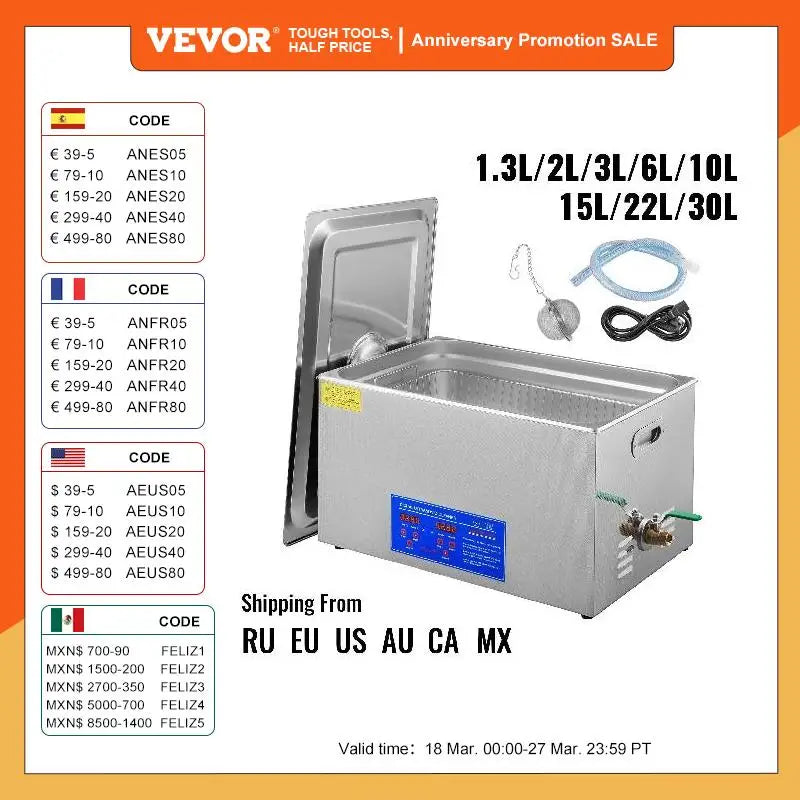 VEVOR Ultrasonic Cleaner - Portable Washing Machine for Home Appliances | Available in Various Capacities: 1.3L to 30L