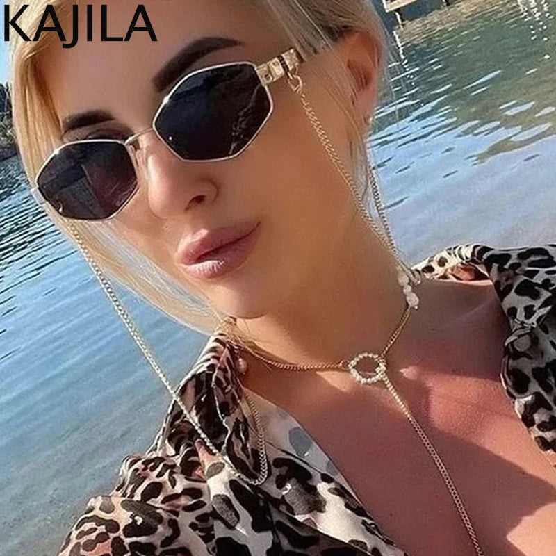 Sexy Small Frame Hexagon Sunglasses for Women - 2024 Luxury Punk Designer Shades with Chain