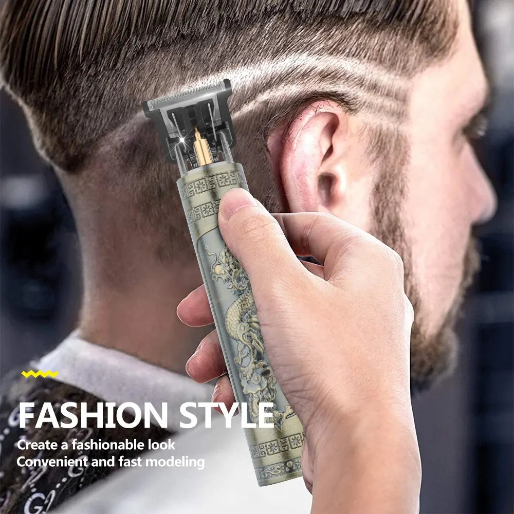 Premium Rechargeable Vintage T9 Electric Hair Clipper for Men - Professional Barber Trimmer with Dragon Buddha Design