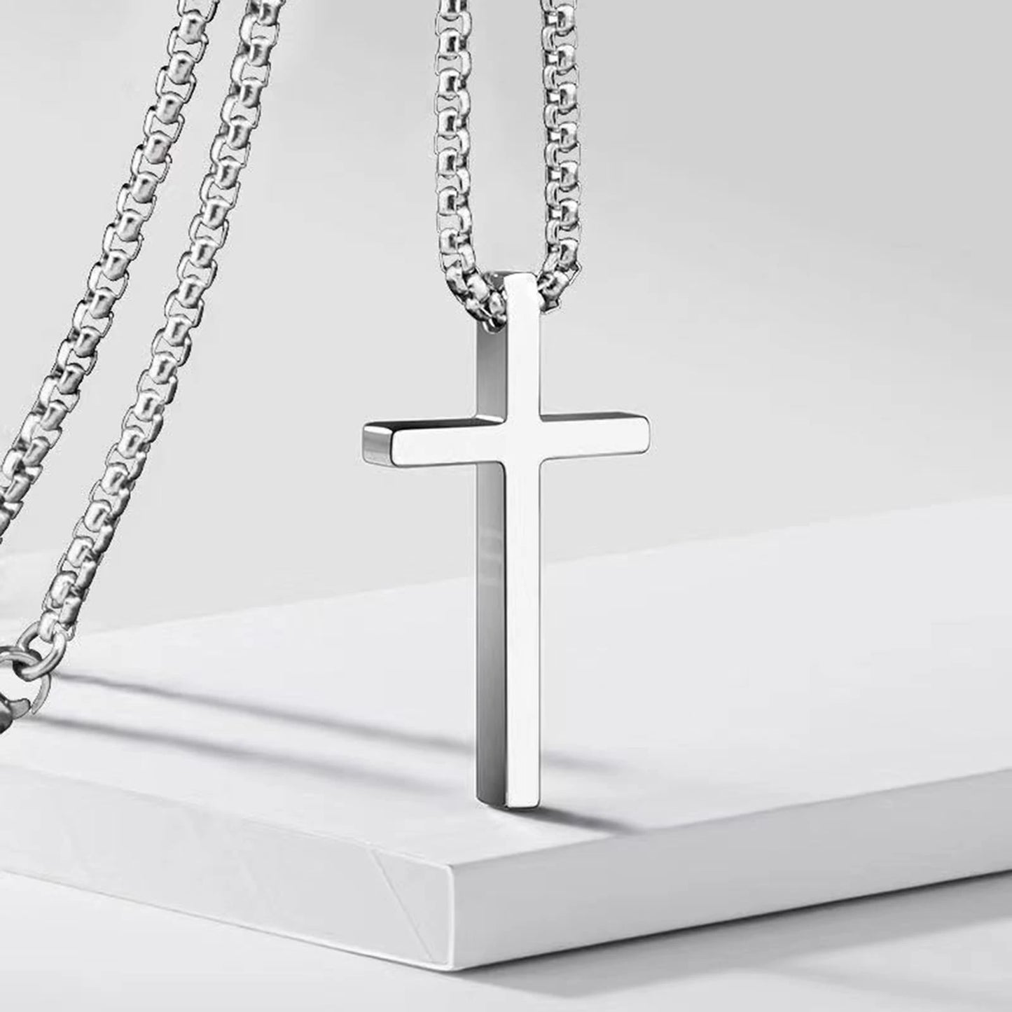 Vnox Cross Necklace for Men and Women - Silver Plain Cross Pendant with Stainless Steel Box Chain