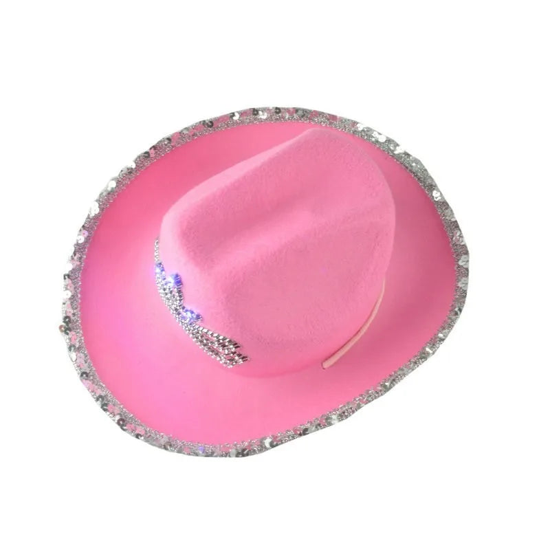 Pink Cowboy Hat for Women and Girls - Wide Brim Western Hat with Glitter Crown, Sequins, and Feathers, Y2K Cowgirl Party Costume Accessories