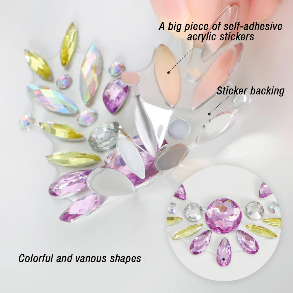 6Pcs Mermaid Face Jewels Gems Rhinestones: Rave Eyes Body Temporary Sticker Crystal Face Decorations for Festival Party