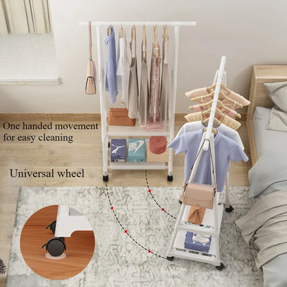 Standing Coat Rack with Wheels - Triangle Pulley Clothes Shelf for Bedroom and Household Storage