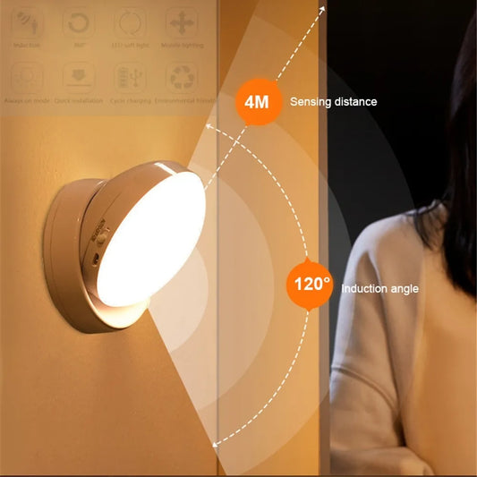 360° Rotated PIR Motion Sensor LED Night Light - Rechargeable Wall Lamps, Wireless Under Cabinet Closet Lamp