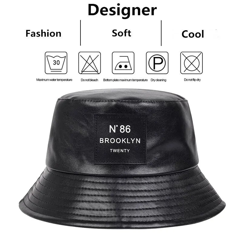 Unisex N86 Label PU Leather Bucket Hat - Personality Fisherman Cap with Sunscreen, Casual Outdoor Wear