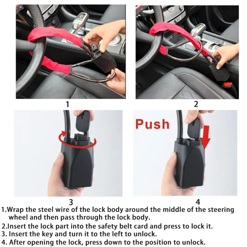 Universal Car Steering Wheel Lock with Seat Belt Buckles - Theft Prevention Anti-Theft Device for Truck SUV Van RV