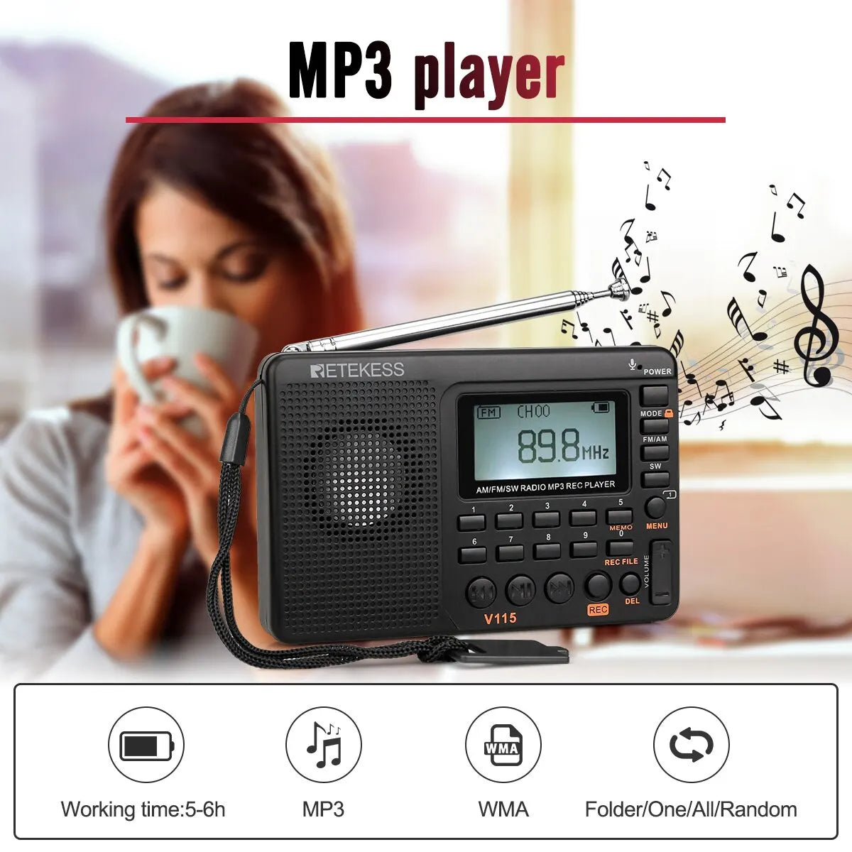 RETEKESS V115 Portable Radio: FM AM SW Rechargeable Shortwave Radio with USB Recorder - Batteries Included, Speaker for Elders