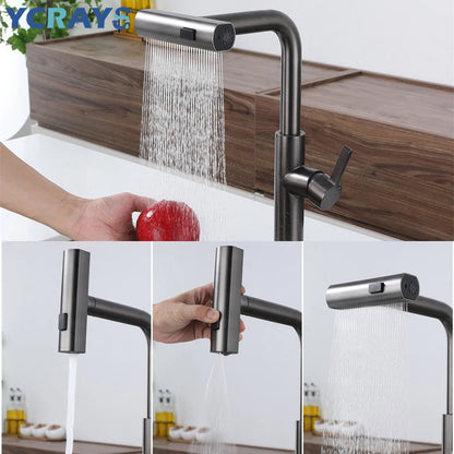 YCRAYS Black Kitchen Faucets - Gray Pull Out Rotation Waterfall Stream Sprayer Head Sink Mixer, Brushed Nickel Water Tap Accessory