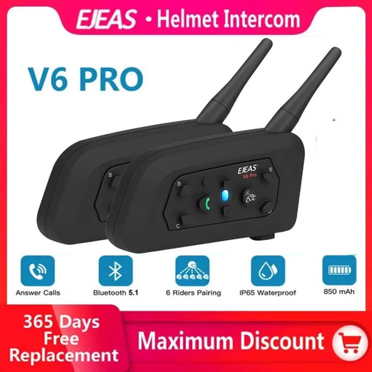 EJEAS V6PRO Motorcycle Bluetooth Helmet Headset Intercom - 1200m Range, 850mAh MOTO Communicator for 6 Riders