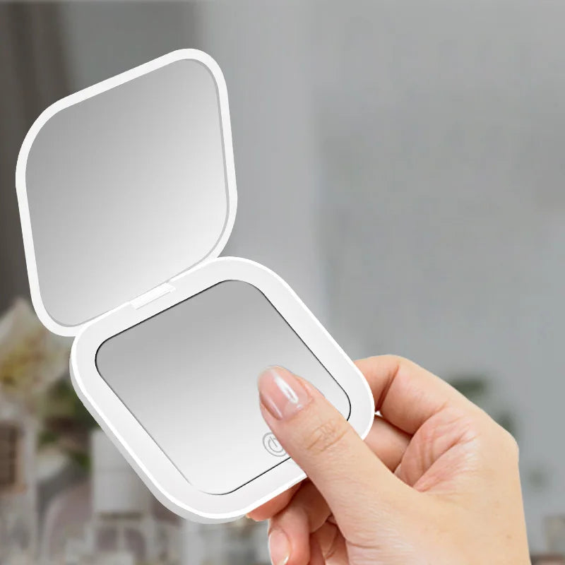 Portable Folding LED Vanity Table Mirror: Compact Mini Gift with 2X Magnifying Handheld Pocket Makeup Mirror