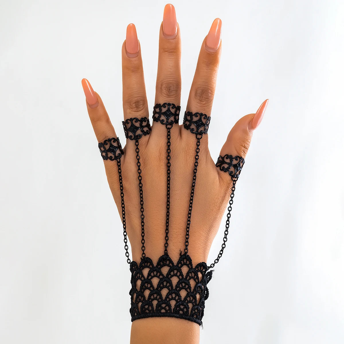 Vintage Black Lace Finger Wrist Chain Rings Bracelet: Creative Metal Hand Harness Bangles for Women - Unique Halloween Jewelry