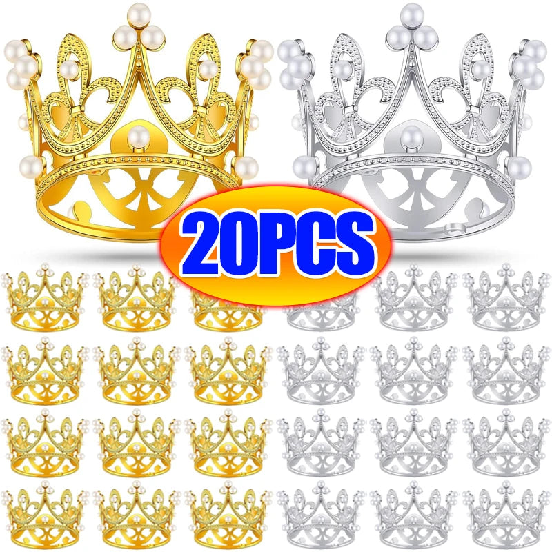 Mini Crown Cake Toppers: 20/1Pcs Pearl Tiara Decorations in Gold/Silver for Children's Hair Ornaments, Wedding, Birthday Party