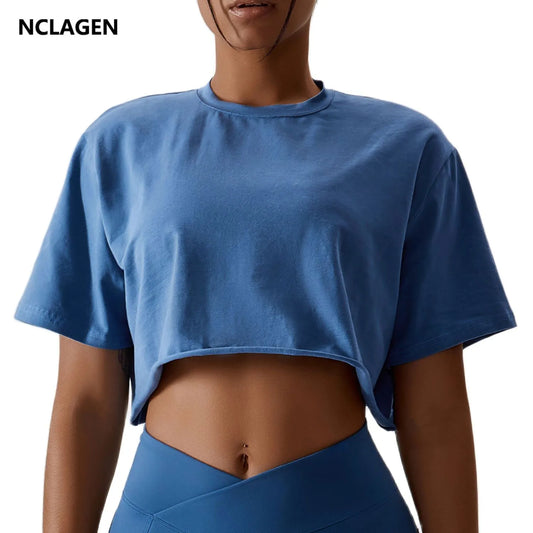 NCLAGEN Casual Cotton T-shirt: Women's Short Sleeve Dance Sports Running Crop Top - Loose Fit Gym Workout Shirts for Yoga Fitness