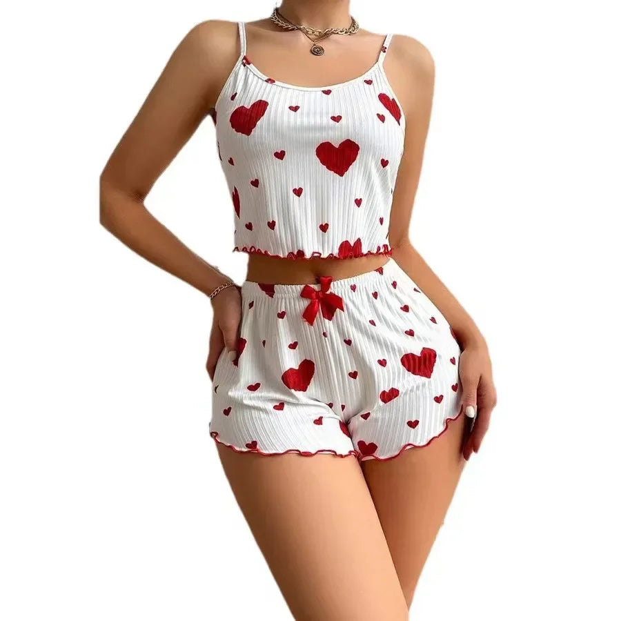 Hot Selling Women's Pajamas Set - 2PCS White Tank Top and Shorts Sleepwear with Red Love Print, Soft and Casual