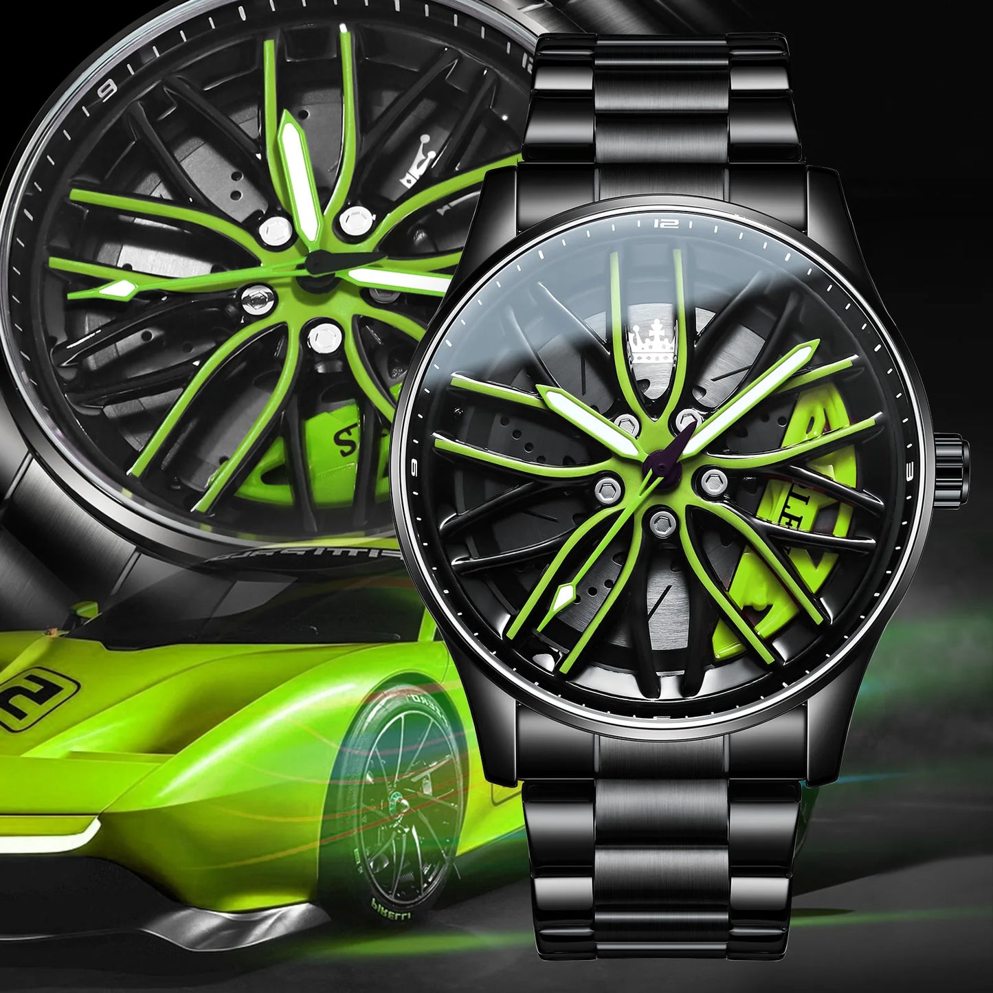 OLEVS Wheel Men's Luxury Watch – Waterproof, Rotary Sport Car Rim Design, High-Quality Fashion Quartz Watch, Best Seller