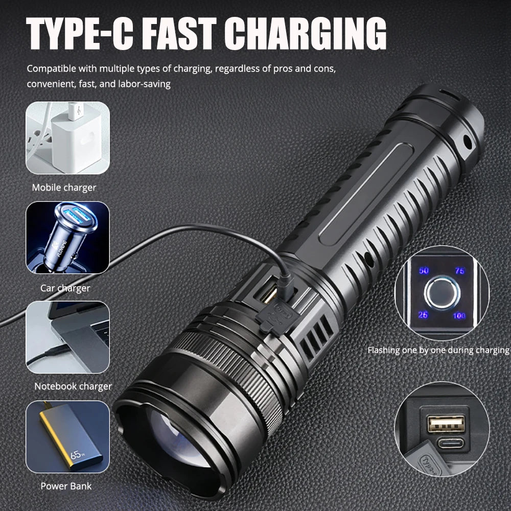 10000LM 800W Tactical LED Flashlight | 15000mAh Built-in Battery | Emergency Spotlights | 4km Range | Holiday Gift Idea