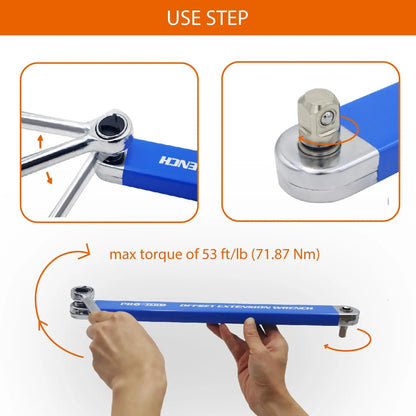 Offset Extension Wrench - Tight Spaces Tool with 1/2", 1/4", and 3/8" Drive Adapters - Universal Extension Tool