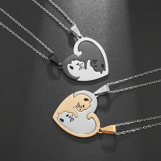 Hot Hug Love Pet Cat Couple Necklace – Stainless Steel Fashion Pendant for Men and Women, Best Friend BFF Jewelry Gift