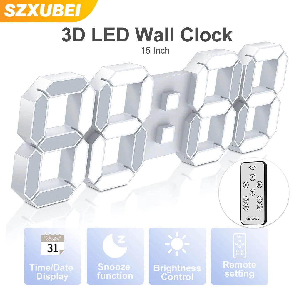 3D LED Wall Clock – Large Digital Display with Remote Control, Alarm, Time/Date/Temperature, Wall and Table Mount, Modern Design