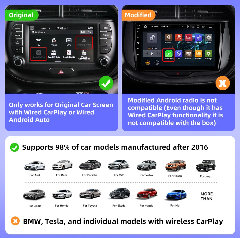 CarAIBOX 2 in 1 Wireless CarPlay Dongle – Wireless Android Auto Box for Car Radio with Wired CarPlay Compatibility