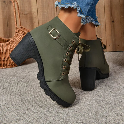 2024 Women's Fashion High Heel Lace-Up Ankle Boots - Ladies Buckle Platform Shoes in Artificial Leather - Bota Feminina