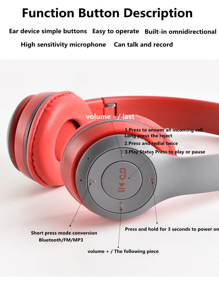 Stereo P47 Bluetooth Headset 5.0 | Folding Wireless Sports and Gaming Headphones | Compatible with iPhone and Xiaomi