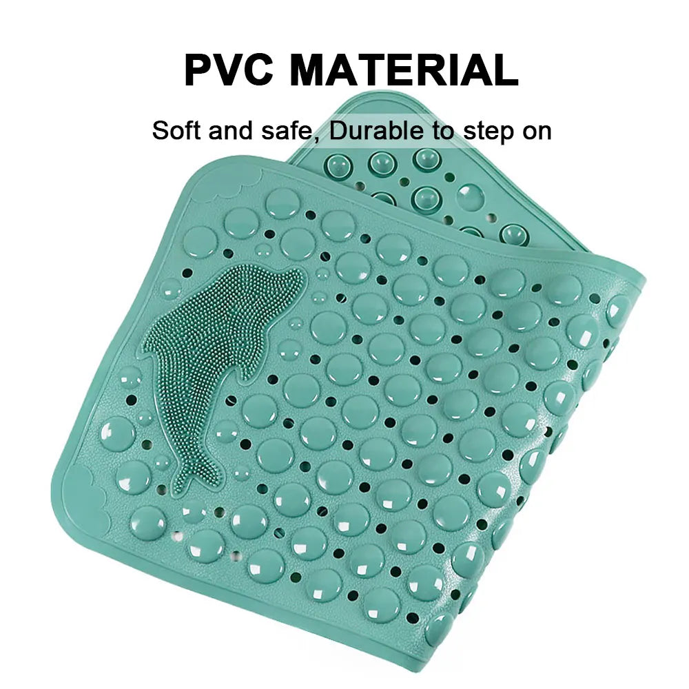 Silicone Anti-Skid Bathroom Mat with Drain Hole - Dolphin Massage Foot Mat, PVC Suction Cup Shower Floor Mat