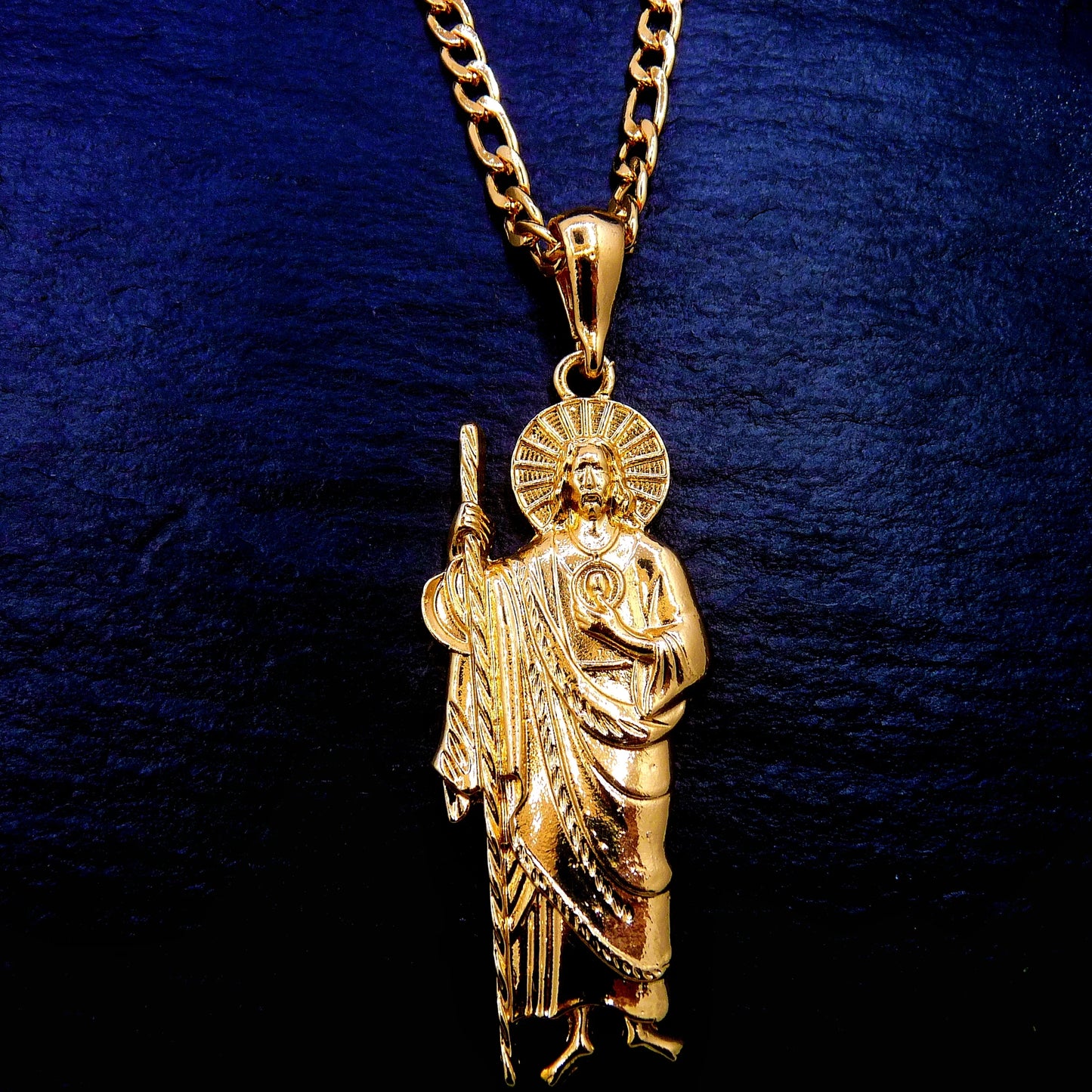 14k Gold-Plated St. Jude Pendant Necklace – Figaro Chain Religious Jewelry for Men and Women