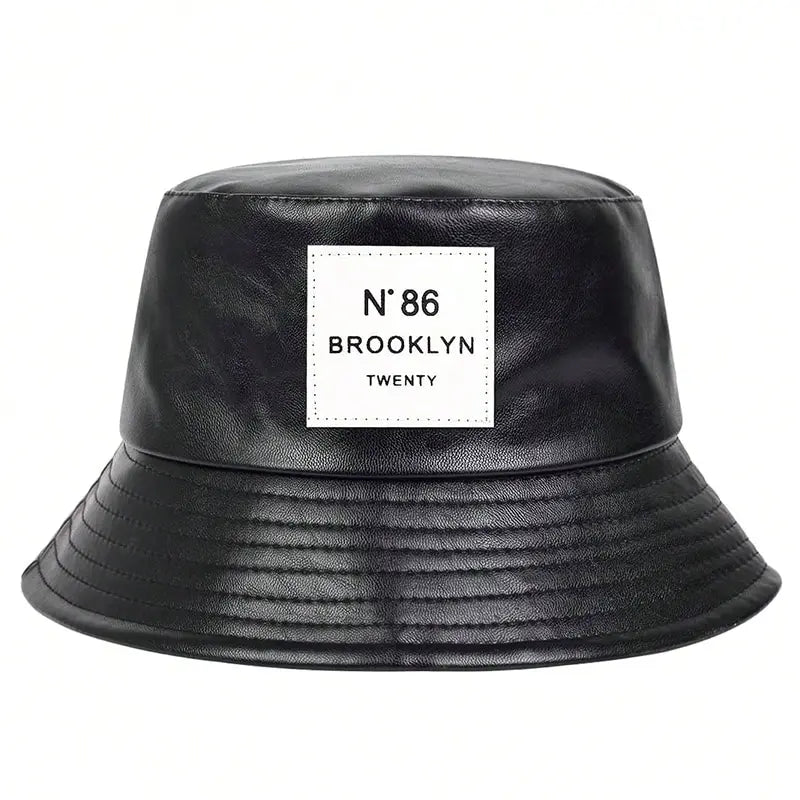 Unisex N86 Label PU Leather Bucket Hat - Personality Fisherman Cap with Sunscreen, Casual Outdoor Wear