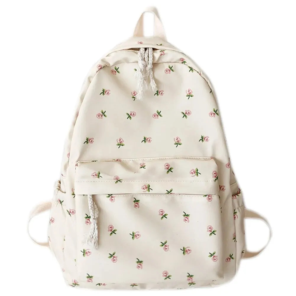 Korean Floral School Backpack – Cute White Rucksack for Teenage Girls, Women's Book Bag in Nylon