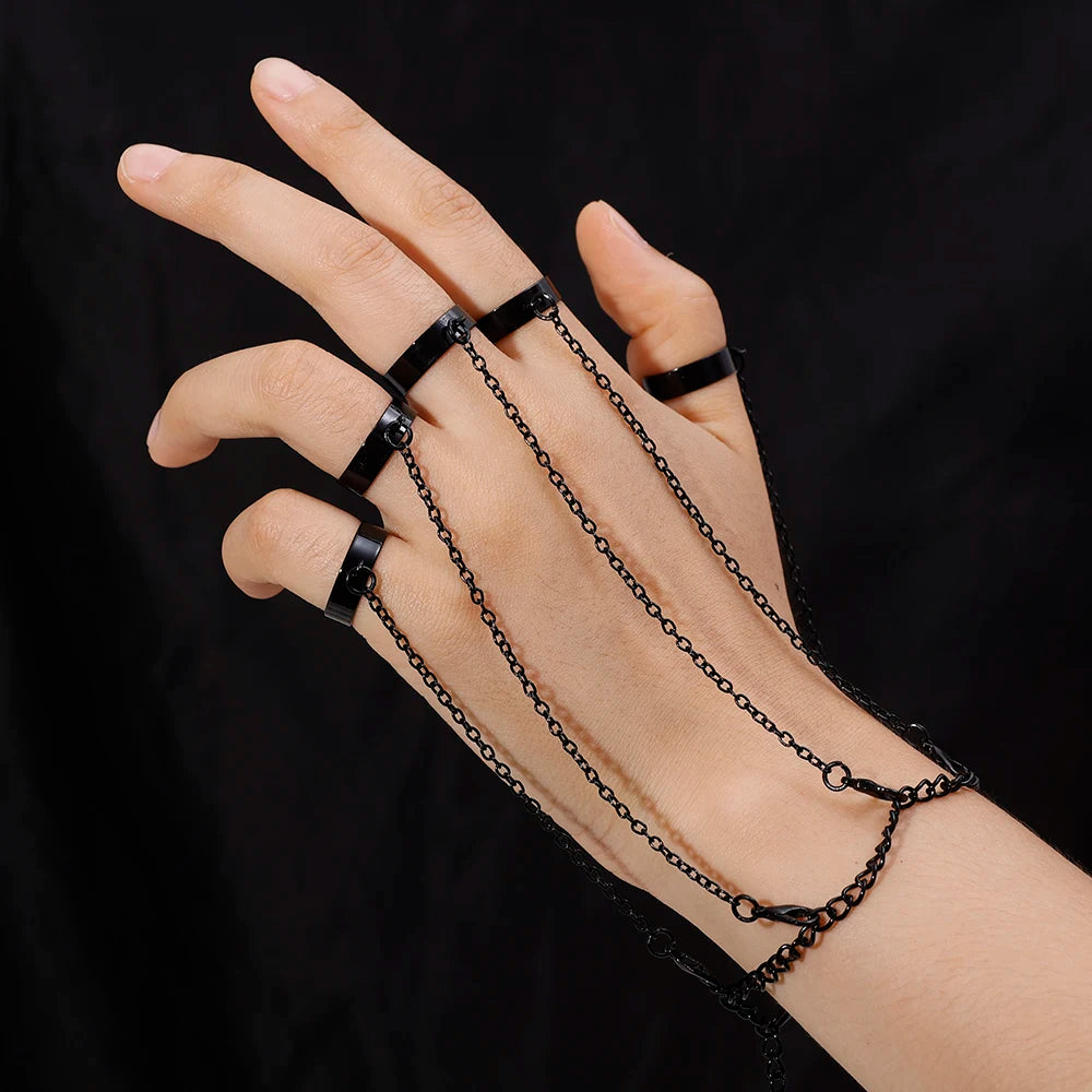 Punk Geometric Silver Chain Wrist Bracelet & Rings for Men | Couple Fashion Jewelry Gift | Pulera Mejer