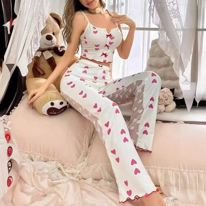 Hot Selling Women's Pajamas Set - 2PCS White Tank Top and Shorts Sleepwear with Red Love Print, Soft and Casual