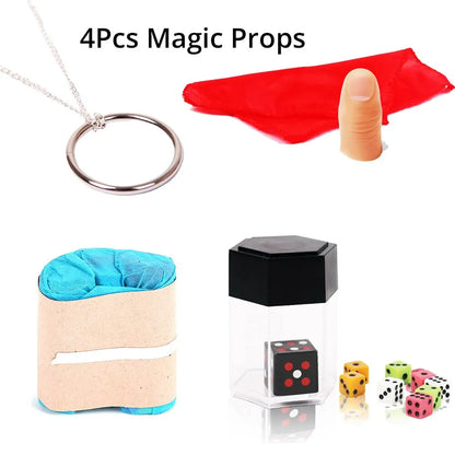 4 Pcs Magic Props Set - Magic Ring, Hand Lotus, Scarf Disappear, Thumb Explosion Dice - Classic Toys