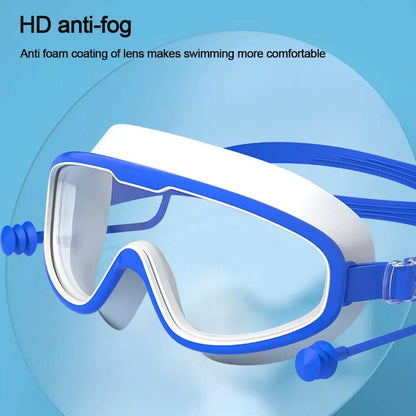 Kids Big Frame Swimming Goggles with Earplugs - Anti-fog Children's Glasses for Pool and Beach - Boys & Girls Eyewear