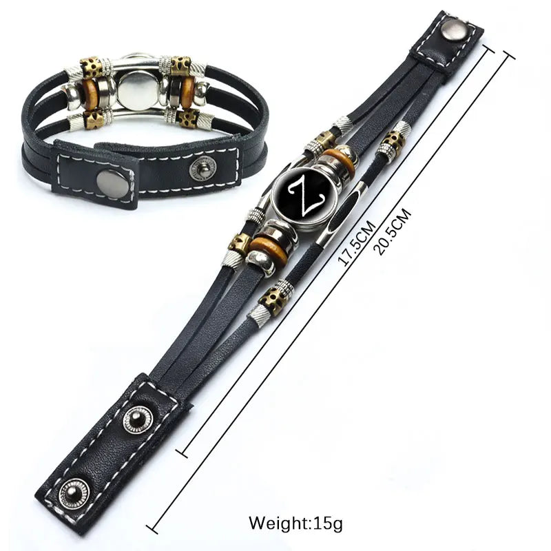 Artistic Letter A-Z Leather Bracelet - Adjustable Initial Cabochon Glass Snap Bracelet for Men & Women - Trendy Gift Accessory