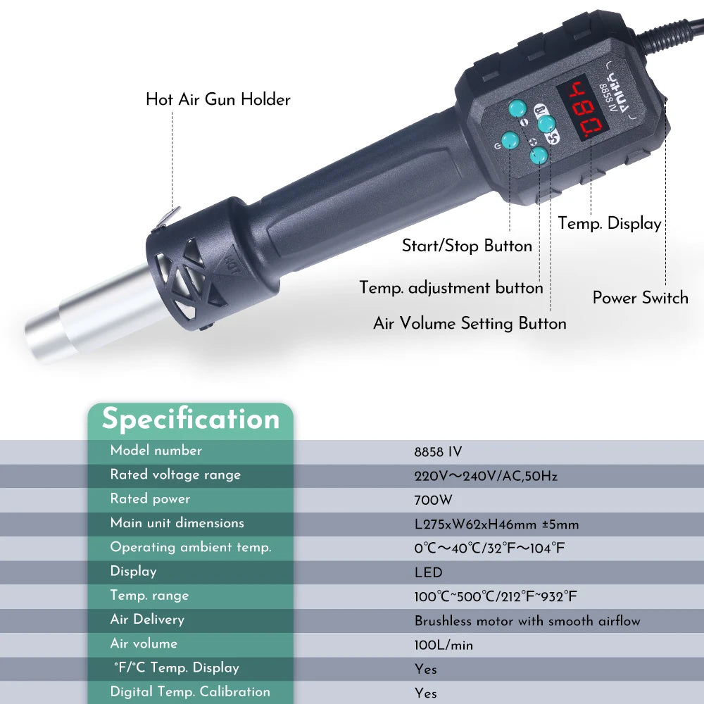 YIHUA Micro Hot Air Gun 8858IV: 700W Soldering Rework Station with LCD Digital Heat Gun - BGA IC Soldering Tools, Temperature Adjustable