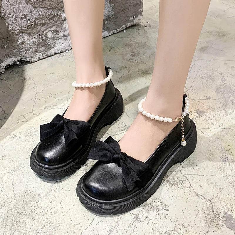 Summer Mary Janes Lolita Shoes: Women's Thick Platform Party Pumps - Fashionable Bow Chain Sandals for Mujer