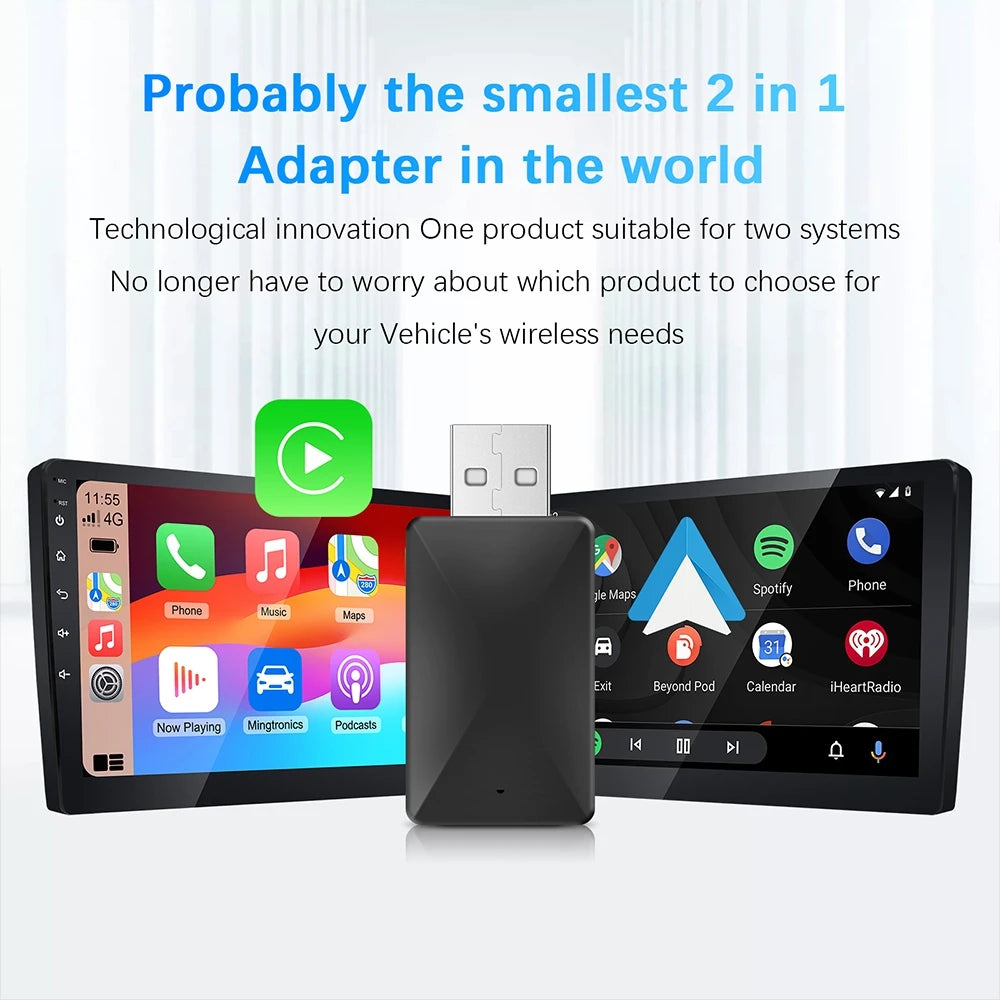 2024 Android Auto Wireless Adapter - Mini 2-in-1 Box with Apple CarPlay Dongle, Plug and Play Wired/Wireless WIFI for Cars