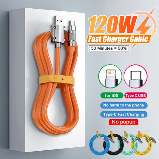 120W 6A Super Fast Charge USB C Cable - Liquid Silicone for iPhone 14/15, Huawei, Samsung, Xiaomi, Quick Charger Type-C Data Wire