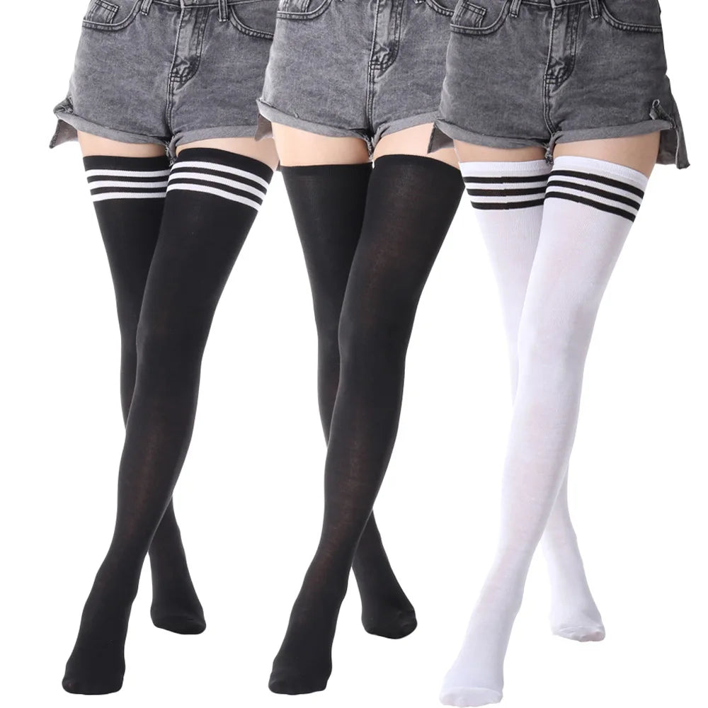 Sexy Black White Striped Long Socks - Over Knee Thigh High Stockings for Women & Girls, Warm Knee Socks