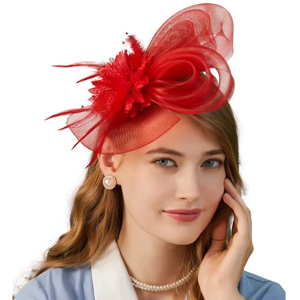 Women's Flower Mesh Fascinator with Ribbons and Feathers - Brides Hair Accessories, Headband or Clip for Cocktail Tea Party Headwear