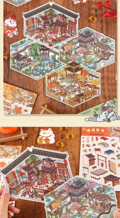 DIY 3D Cartoon Cat Sticker Set - Four Seasons Landscape, Pocket Cabin Scenes | Creative Stacking & Pasting Gift for Kids