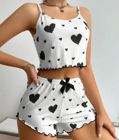 Hot Selling Women's Pajamas Set - 2PCS White Tank Top and Shorts Sleepwear with Red Love Print, Soft and Casual