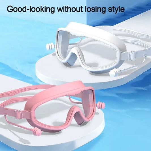 Kids Big Frame Swimming Goggles with Earplugs - Anti-fog Children's Glasses for Pool and Beach - Boys & Girls Eyewear