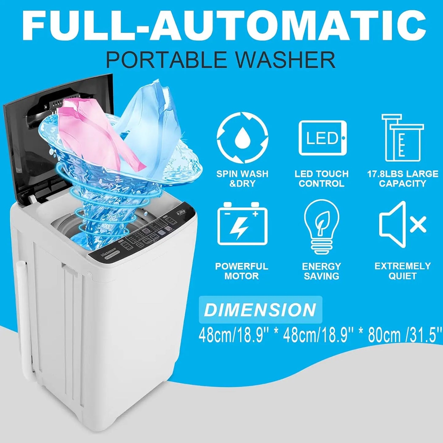 17.8lb Portable Washing Machine - 2.3 Cu.ft Washer and Dryer Combo with Drain Pump, 10 Programs & 8 Water Levels