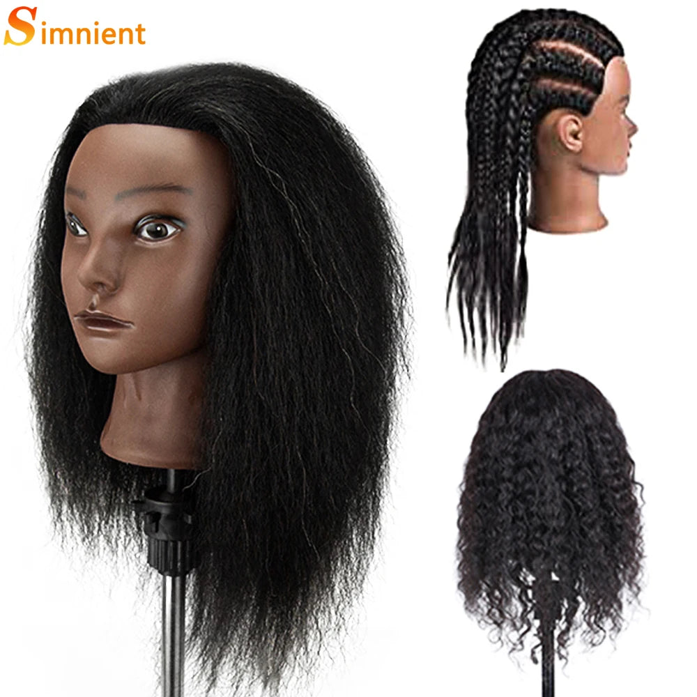 African Mannequin Head - 100% Real Hair Hairdresser Training Head with Tripod Stand - Cosmetology Doll Head for Braiding and Styling Practice