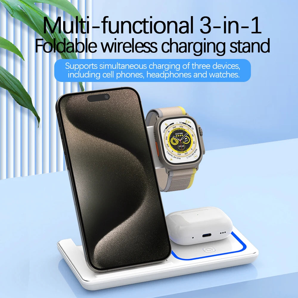 30W LED Fast Wireless Charger Stand - 3-in-1 Foldable Charging Station for iPhone 15/14/13/12/11, Apple Watch 9/8/7/6/5, AirPods Pro