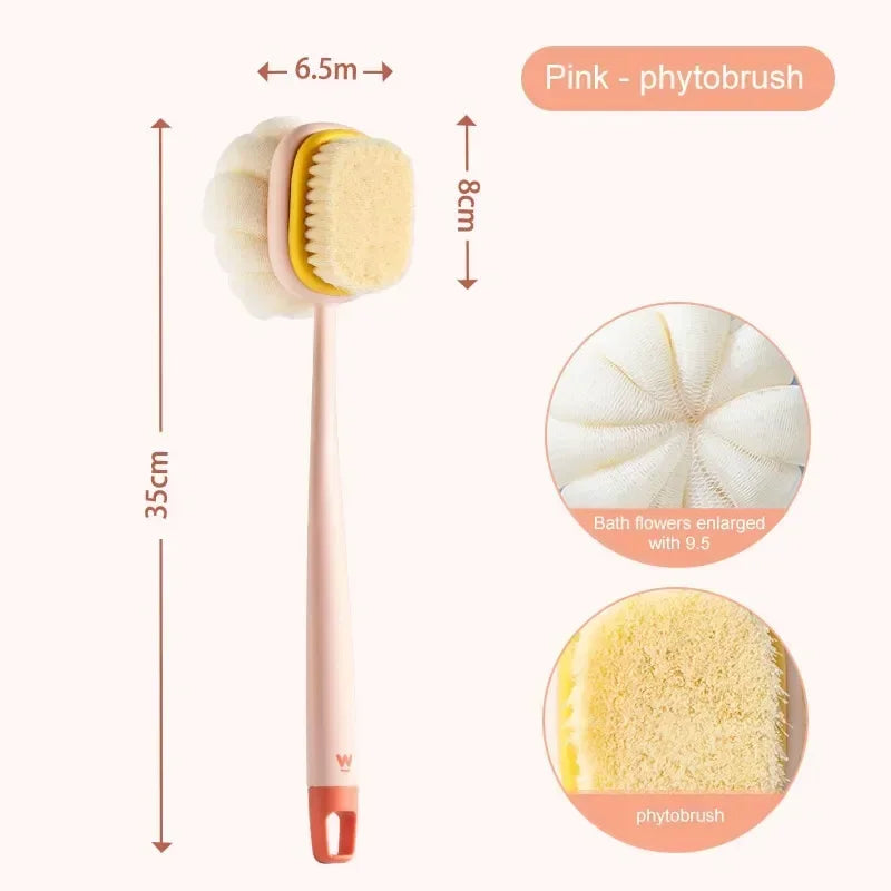 Soft Hair Bath Brush: Pink Sponge Doubleside Rub Shower Brush - Long Back Scrubber Exfoliating Tool