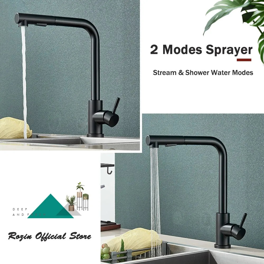 Black Pull Out Kitchen Sink Faucet - Flexible 2 Modes Stream & Sprayer Nozzle, Stainless Steel Hot Cold Water Mixer Tap Deck