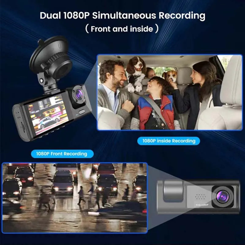 1080P Dash Cam with IR Night Vision, Loop Recording, and 2" IPS Screen - Triple Camera System